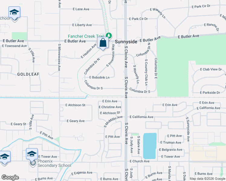 map of restaurants, bars, coffee shops, grocery stores, and more near 5560 Columbia Drive South in Fresno