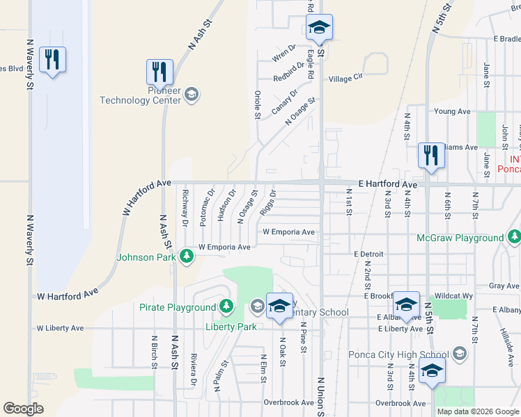 map of restaurants, bars, coffee shops, grocery stores, and more near 1704 Riggs Drive in Ponca City