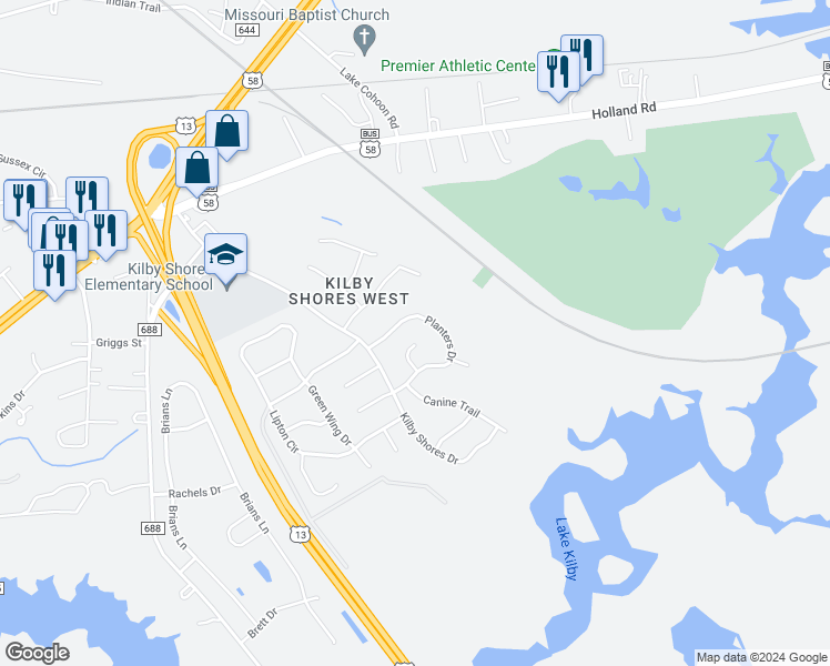 map of restaurants, bars, coffee shops, grocery stores, and more near 401 Locust Court in Suffolk