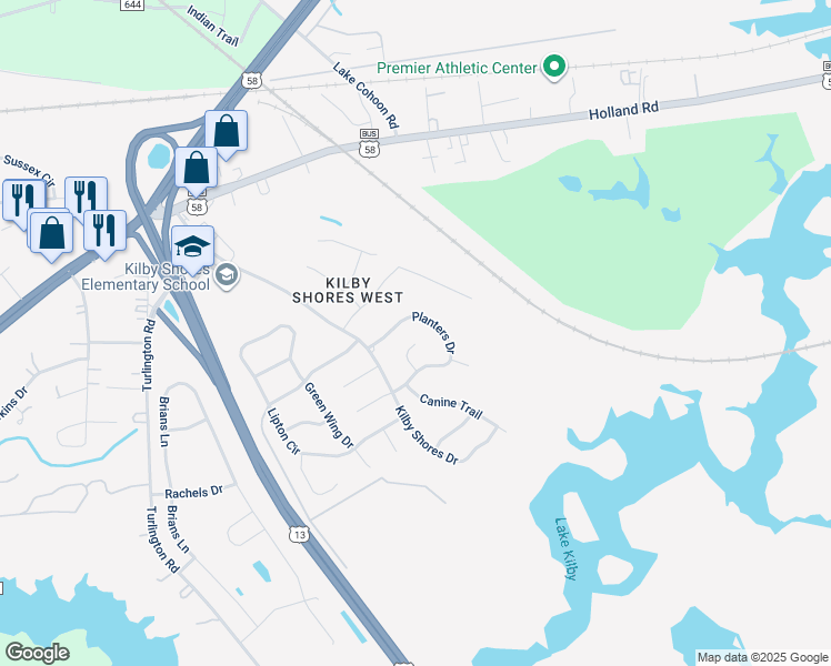 map of restaurants, bars, coffee shops, grocery stores, and more near 401 Locust Court in Suffolk