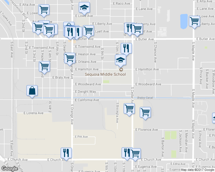 map of restaurants, bars, coffee shops, grocery stores, and more near 3938 East Woodward Avenue in Fresno