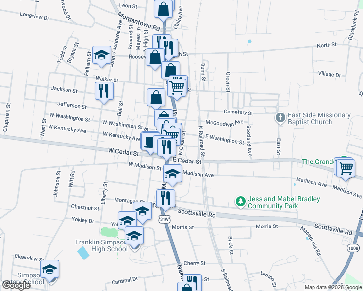map of restaurants, bars, coffee shops, grocery stores, and more near 201 East Kentucky Street in Franklin