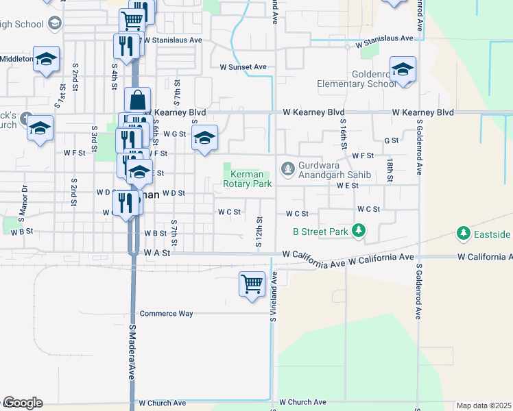 map of restaurants, bars, coffee shops, grocery stores, and more near 777 South 12th Street in Kerman
