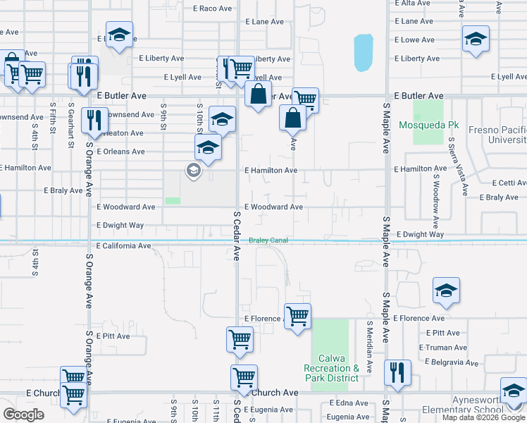 map of restaurants, bars, coffee shops, grocery stores, and more near 4406 East Woodward Avenue in Fresno
