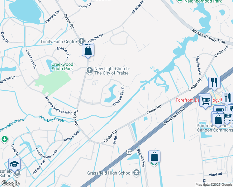 map of restaurants, bars, coffee shops, grocery stores, and more near 709 Barbury Arch in Chesapeake