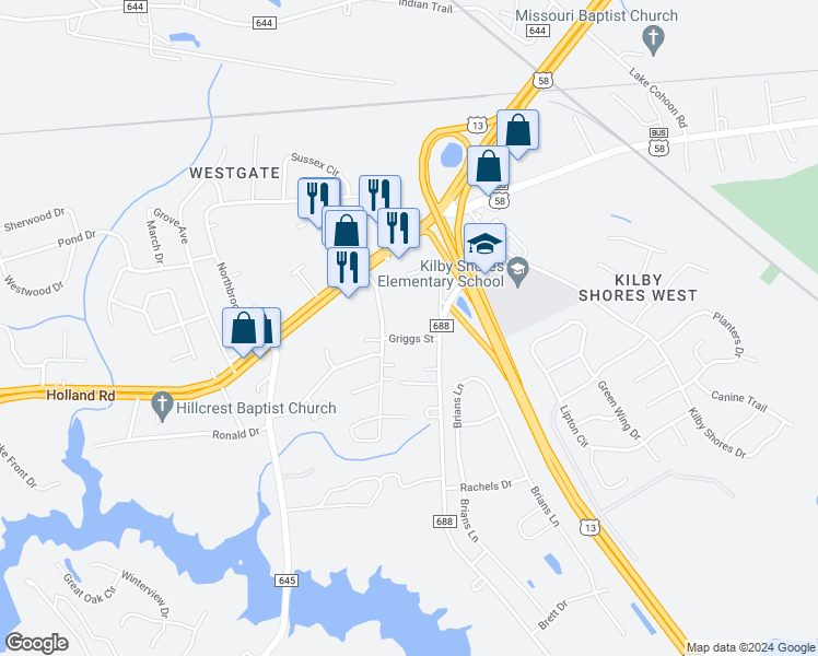 map of restaurants, bars, coffee shops, grocery stores, and more near 1506 Griggs Street in Suffolk