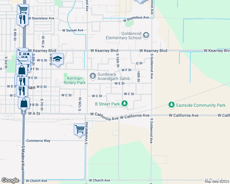 map of restaurants, bars, coffee shops, grocery stores, and more near 14340 West C Street in Kerman