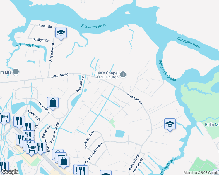 map of restaurants, bars, coffee shops, grocery stores, and more near 1005 Alexander Ln in Chesapeake