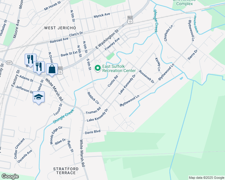 map of restaurants, bars, coffee shops, grocery stores, and more near 1010 Truman Road in Suffolk