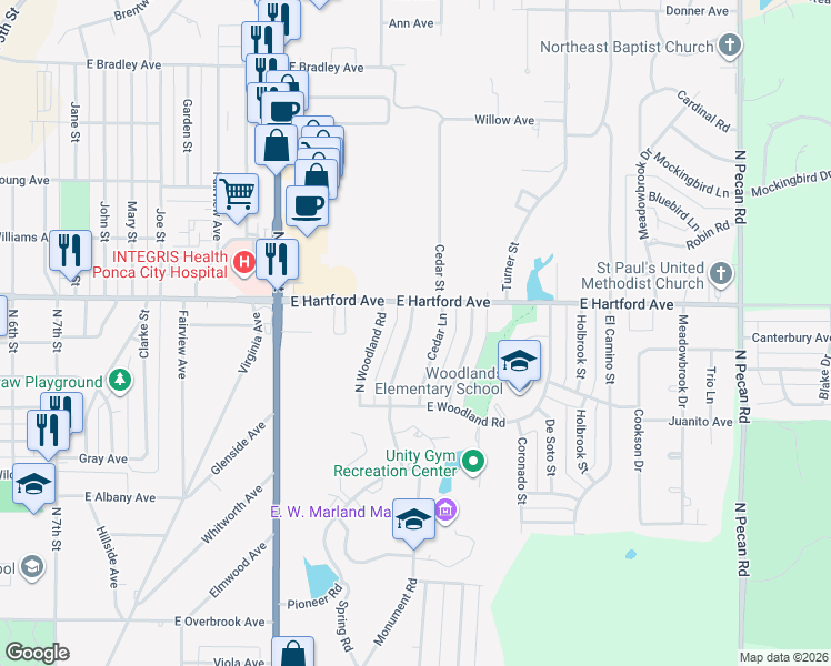 map of restaurants, bars, coffee shops, grocery stores, and more near 1709 Monument Road in Ponca City