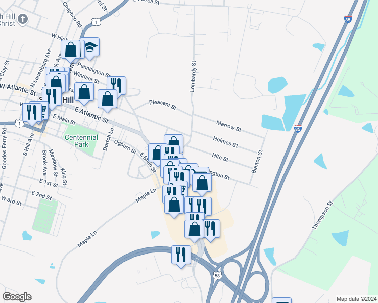map of restaurants, bars, coffee shops, grocery stores, and more near 704 Hite Street in South Hill