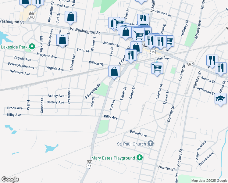 map of restaurants, bars, coffee shops, grocery stores, and more near 317 York St in Suffolk
