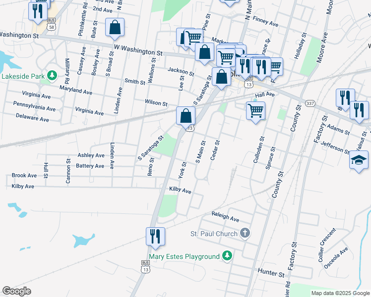 map of restaurants, bars, coffee shops, grocery stores, and more near 317 York Street in Suffolk