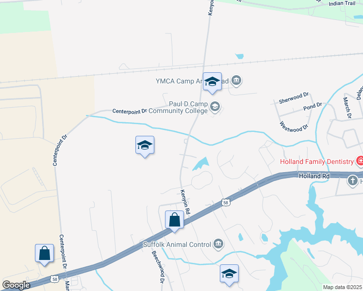 map of restaurants, bars, coffee shops, grocery stores, and more near 236 Kenyon Road in Suffolk