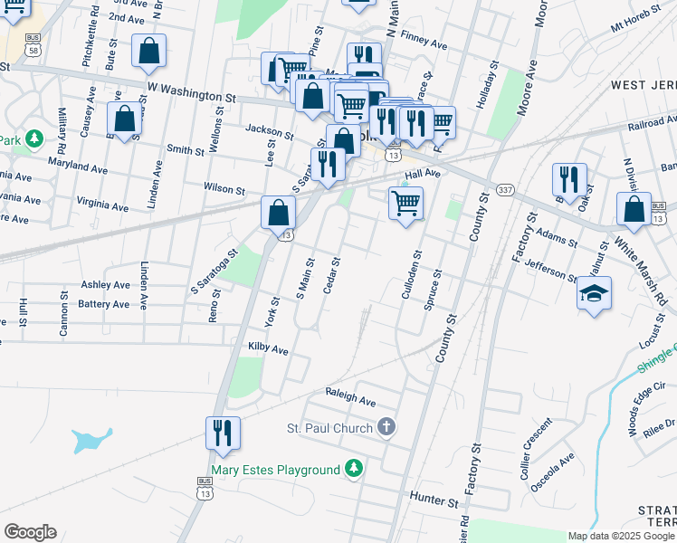 map of restaurants, bars, coffee shops, grocery stores, and more near 306 Cedar Street in Suffolk