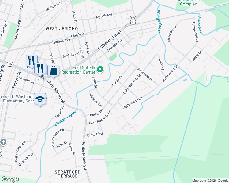 map of restaurants, bars, coffee shops, grocery stores, and more near 1010 Truman Road in Suffolk