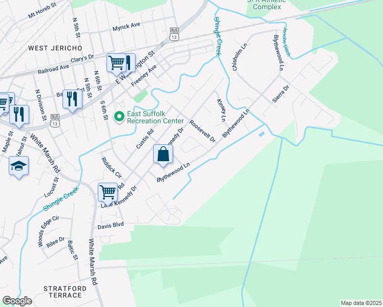 map of restaurants, bars, coffee shops, grocery stores, and more near 669 Adkins Circle in Suffolk