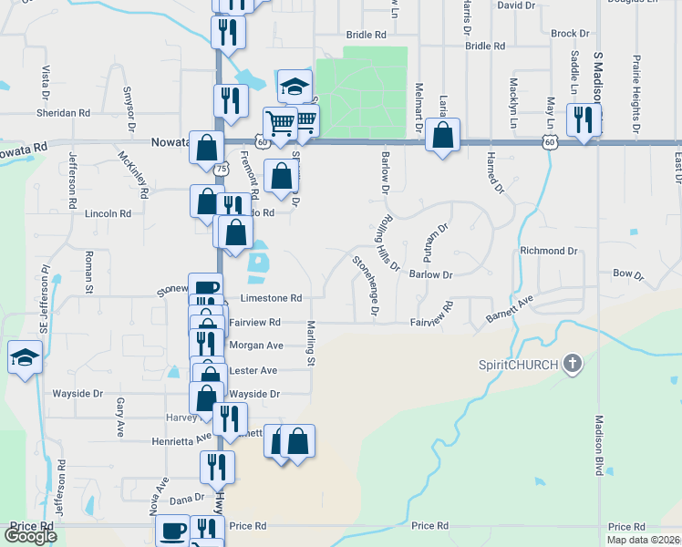 map of restaurants, bars, coffee shops, grocery stores, and more near 1918 Limestone Road in Bartlesville