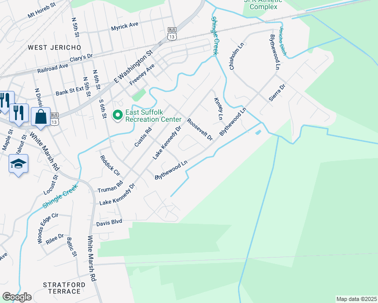 map of restaurants, bars, coffee shops, grocery stores, and more near 669 Adkins Circle in Suffolk
