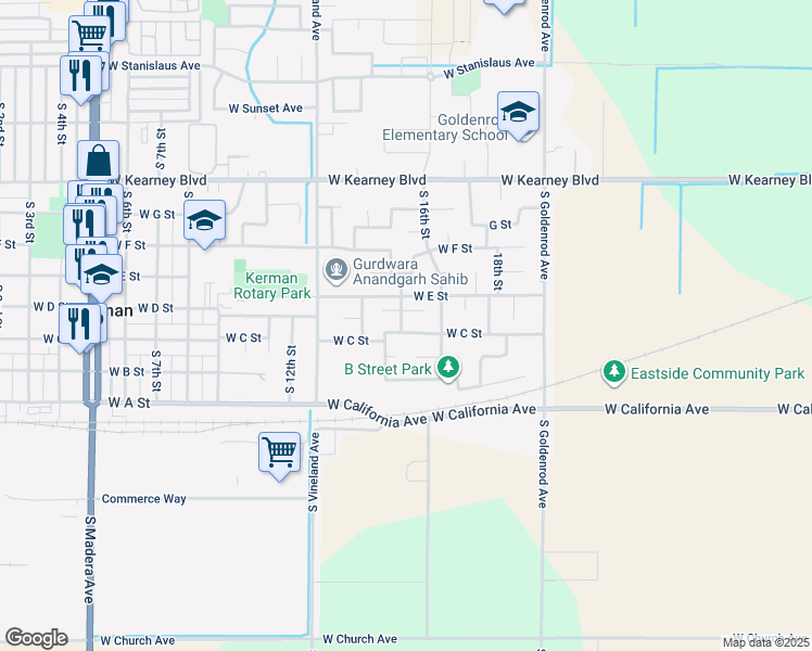 map of restaurants, bars, coffee shops, grocery stores, and more near 14340 West C Street in Kerman