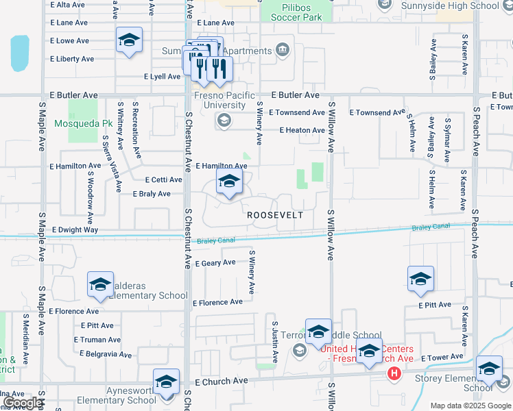 map of restaurants, bars, coffee shops, grocery stores, and more near in Fresno