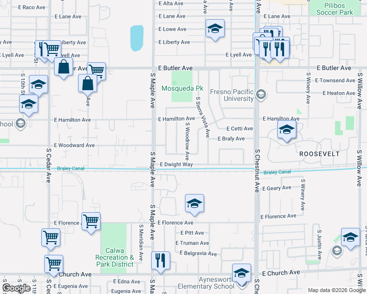 map of restaurants, bars, coffee shops, grocery stores, and more near 2013 South Backer Avenue in Fresno