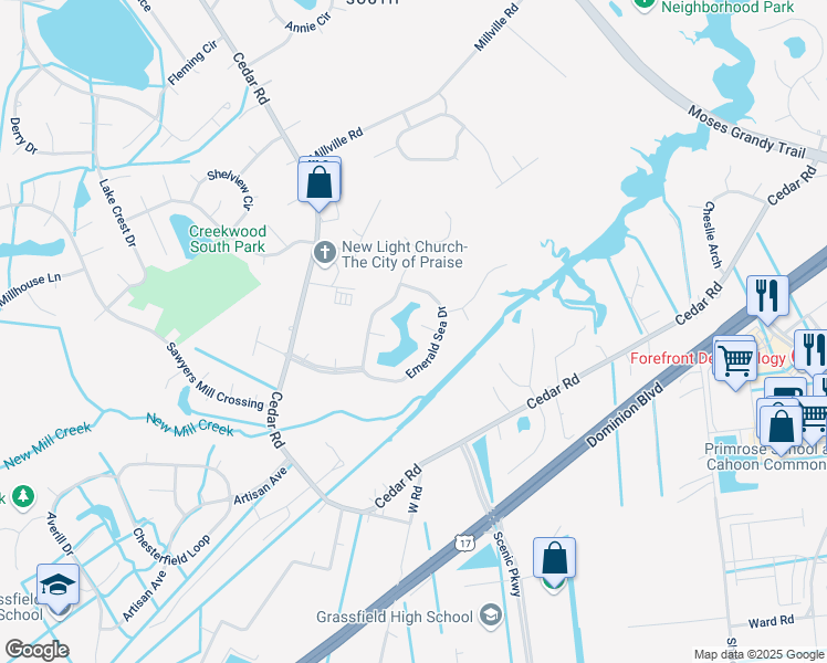 map of restaurants, bars, coffee shops, grocery stores, and more near 709 Barbury Arch in Chesapeake