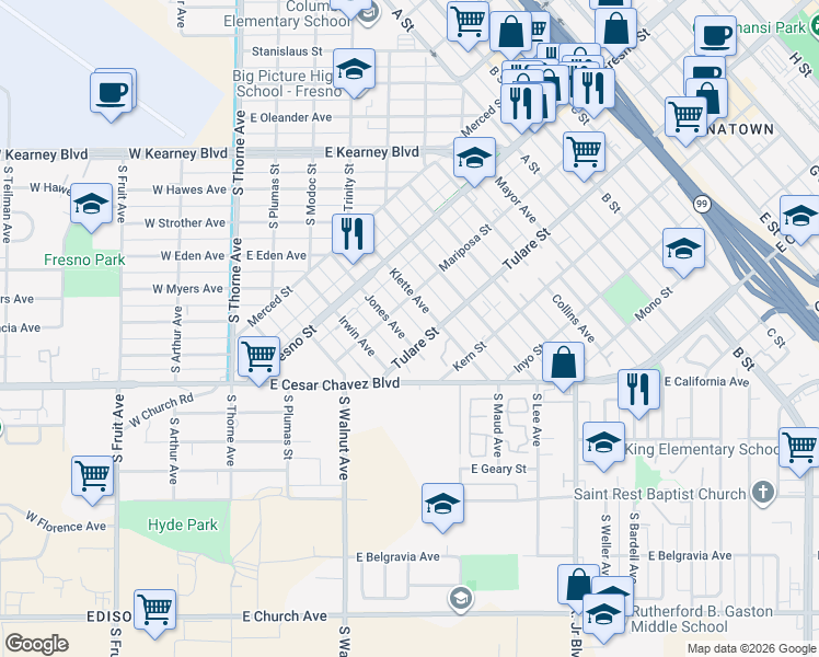 map of restaurants, bars, coffee shops, grocery stores, and more near 1028 Jones Avenue in Fresno