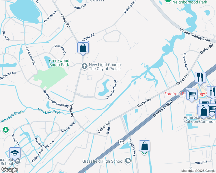 map of restaurants, bars, coffee shops, grocery stores, and more near 709 Barbury Arch in Chesapeake