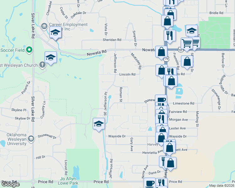 map of restaurants, bars, coffee shops, grocery stores, and more near Romans Circle in Bartlesville