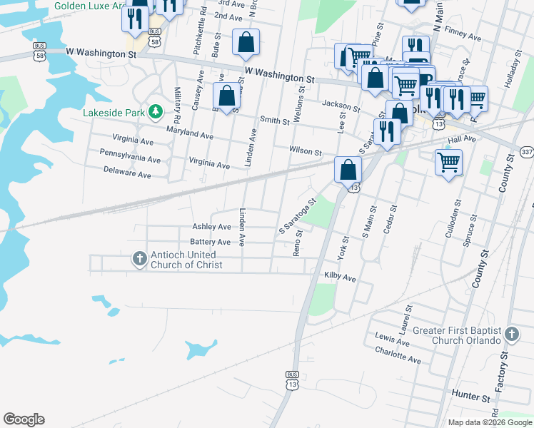 map of restaurants, bars, coffee shops, grocery stores, and more near 437 Wellons Street in Suffolk
