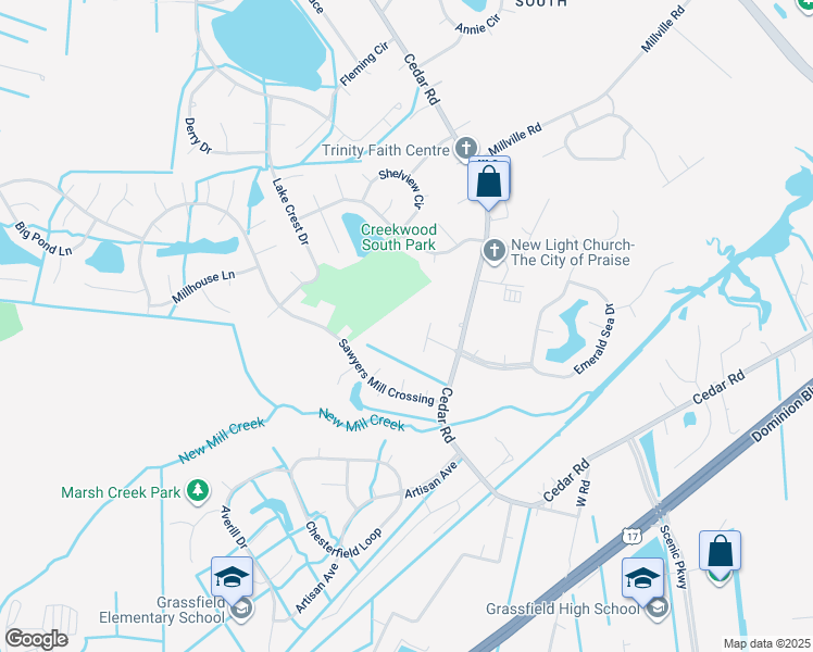 map of restaurants, bars, coffee shops, grocery stores, and more near 2300 Hails Lane in Chesapeake