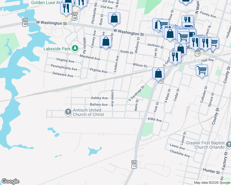 map of restaurants, bars, coffee shops, grocery stores, and more near 531 Mason Avenue in Suffolk