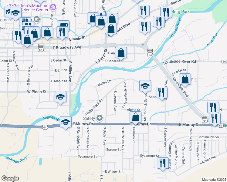 map of restaurants, bars, coffee shops, grocery stores, and more near 606 South Laguna Avenue in Farmington