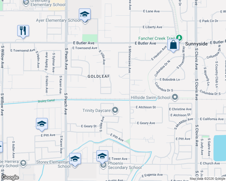 map of restaurants, bars, coffee shops, grocery stores, and more near 2021 South Orangewood Drive in Fresno
