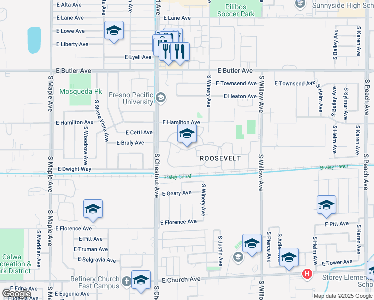 map of restaurants, bars, coffee shops, grocery stores, and more near 51 George McLaine Boulevard in Fresno