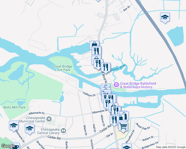 map of restaurants, bars, coffee shops, grocery stores, and more near 136 North Battlefield Boulevard in Chesapeake