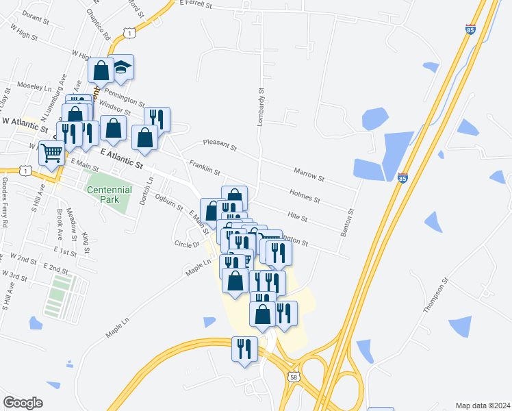 map of restaurants, bars, coffee shops, grocery stores, and more near 712 Hite Street in South Hill