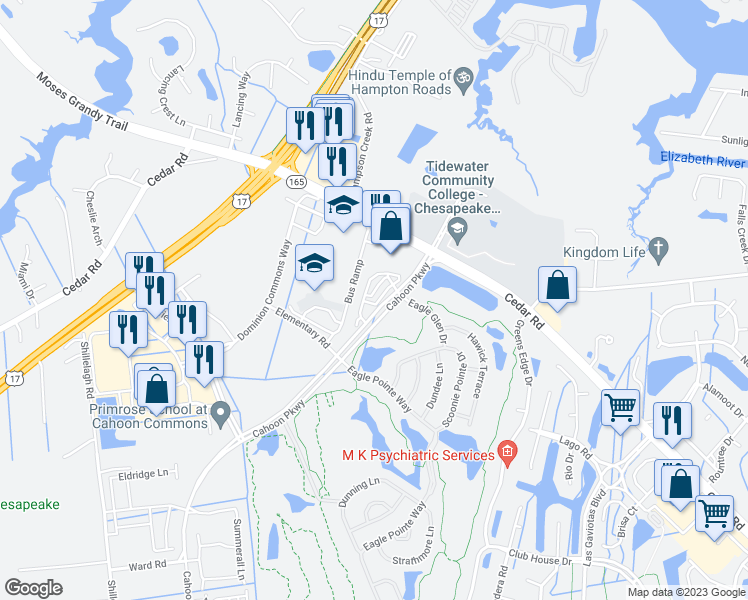 map of restaurants, bars, coffee shops, grocery stores, and more near 409 Abelia Way in Chesapeake