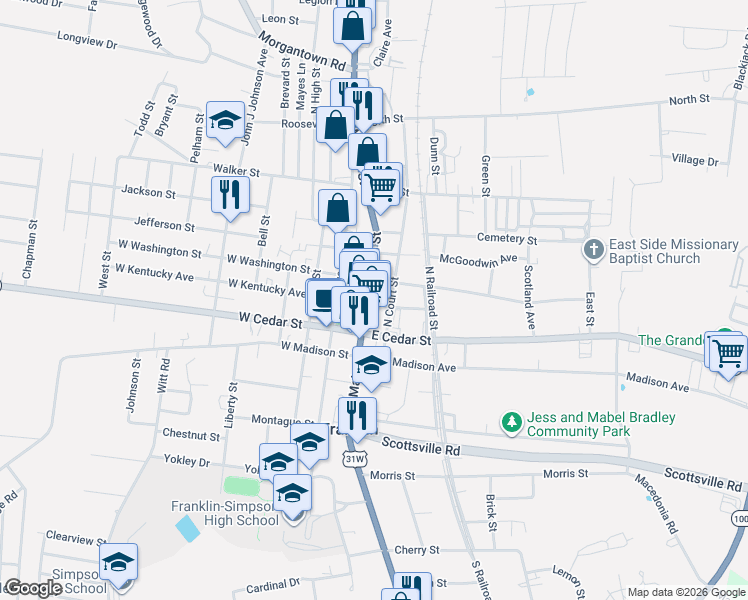 map of restaurants, bars, coffee shops, grocery stores, and more near 208 North Main Street in Franklin