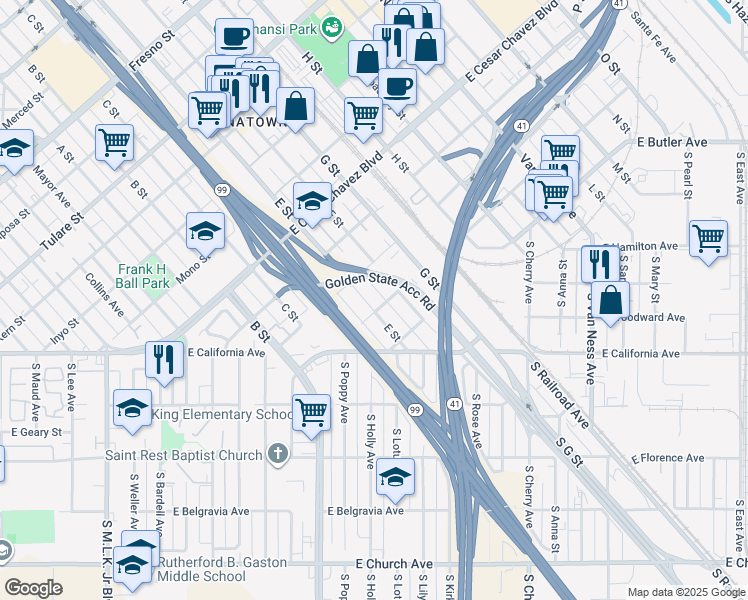 map of restaurants, bars, coffee shops, grocery stores, and more near 312 E Street in Fresno