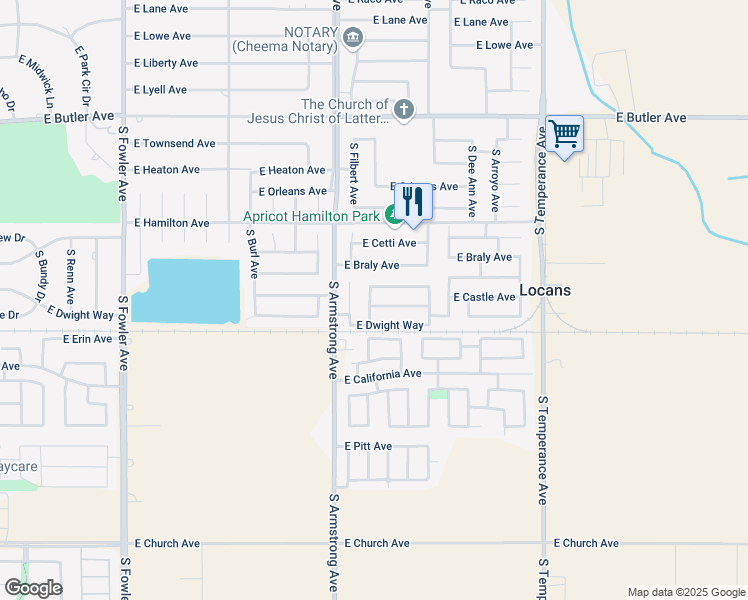 map of restaurants, bars, coffee shops, grocery stores, and more near 6577 East Castle Avenue in Fresno