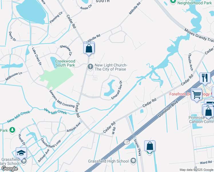 map of restaurants, bars, coffee shops, grocery stores, and more near 812 Winter King Court in Chesapeake