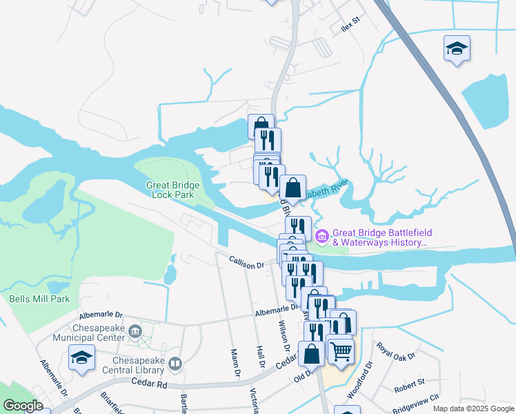 map of restaurants, bars, coffee shops, grocery stores, and more near 136 North Battlefield Boulevard in Chesapeake
