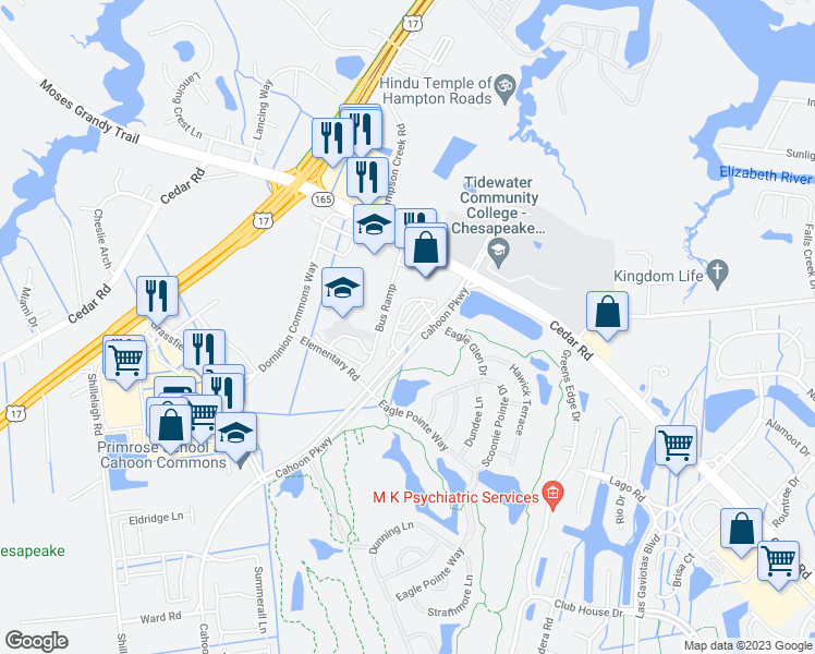 map of restaurants, bars, coffee shops, grocery stores, and more near 409 Abelia Way in Chesapeake