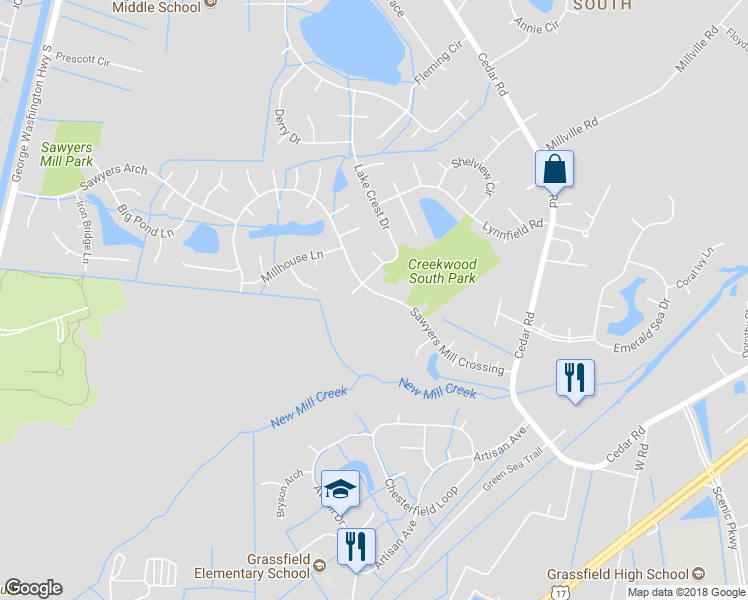 map of restaurants, bars, coffee shops, grocery stores, and more near 350 Sawyers Mill Crossing in Chesapeake