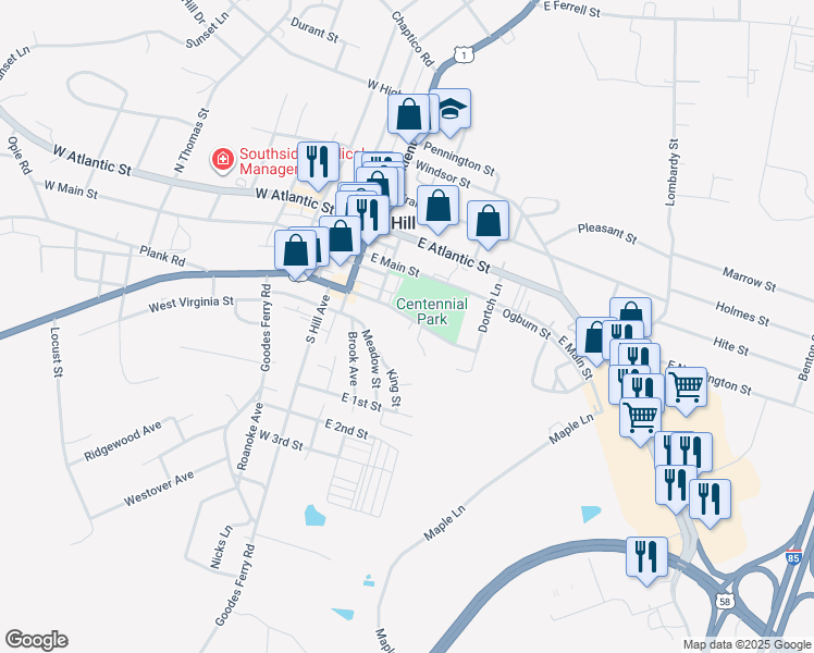 map of restaurants, bars, coffee shops, grocery stores, and more near 226 East Danville Street in South Hill
