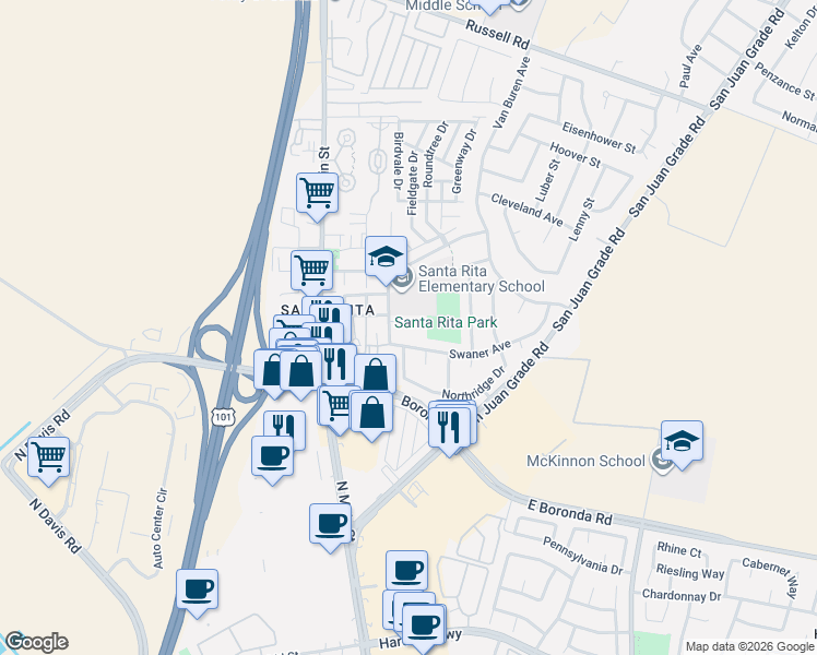 map of restaurants, bars, coffee shops, grocery stores, and more near 18425 Swaner Avenue in Salinas