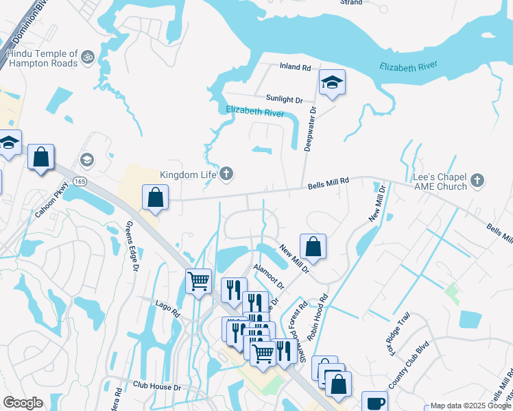 map of restaurants, bars, coffee shops, grocery stores, and more near 1401 New Mill Drive in Chesapeake