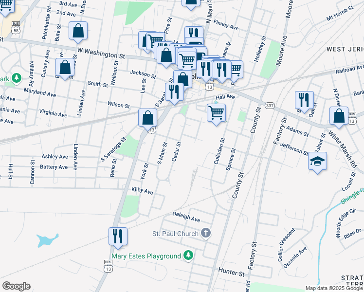 map of restaurants, bars, coffee shops, grocery stores, and more near 306 Cedar Street in Suffolk